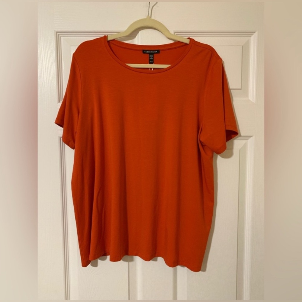 NWT EILEEN FISHER Jersey Crew Neck Short Sleeve Tencel Long Shell Tee SzXL Flame